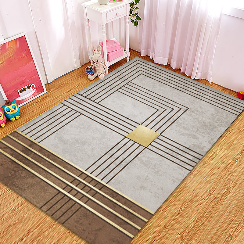 Gray and Camel Modern Rug Polyester Geometric and Stripe Pattern Rug Pet Friendly Washable Non-Slip Area Rug for the Living Room