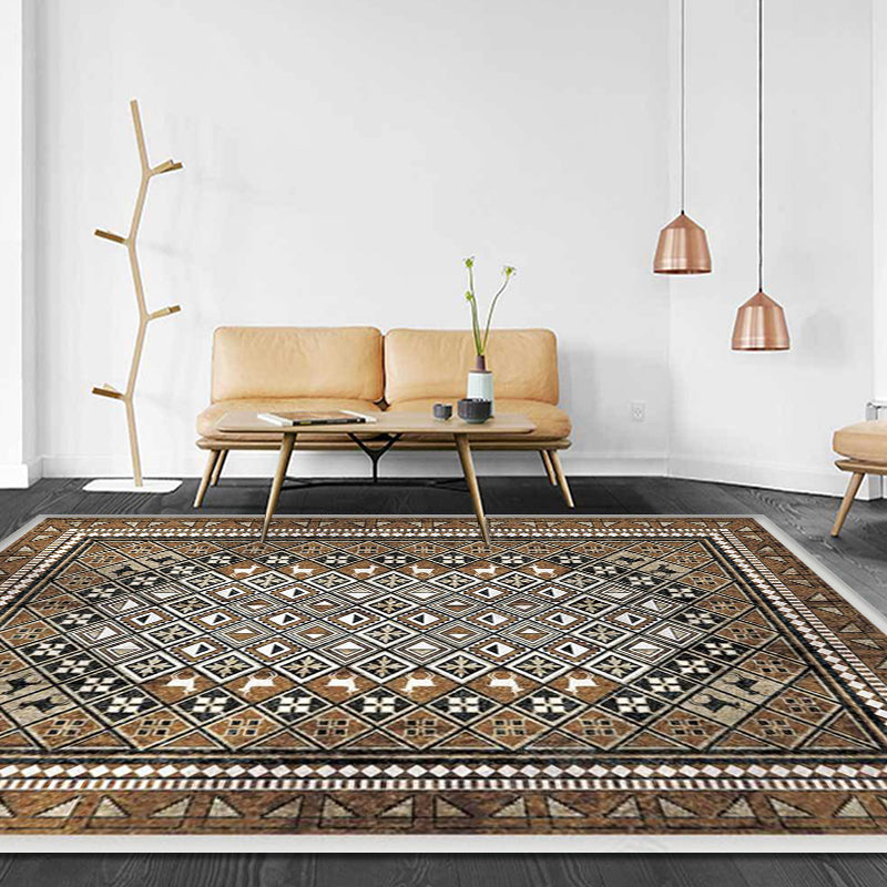 Moroccan Living Room Carpet Brown Tribal Geometric Pattern Carpet Polyester Washable Non-Slip Pet-Friendly Area Rug