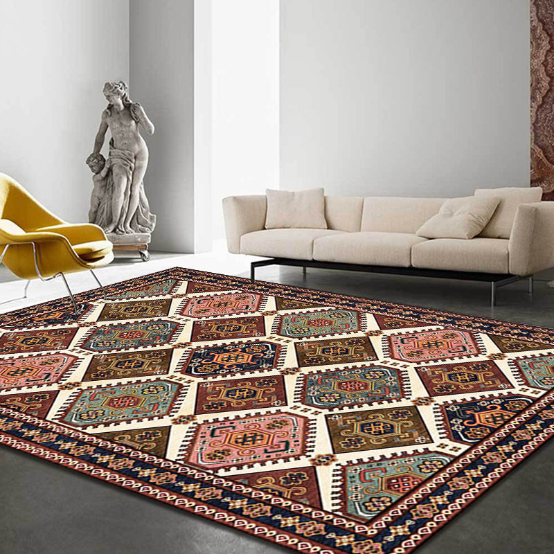 Moroccan Living Room Rug Brown Tribal Geometric Pattern Rug Polyester Washable Non-Slip Pet-Friendly Rug