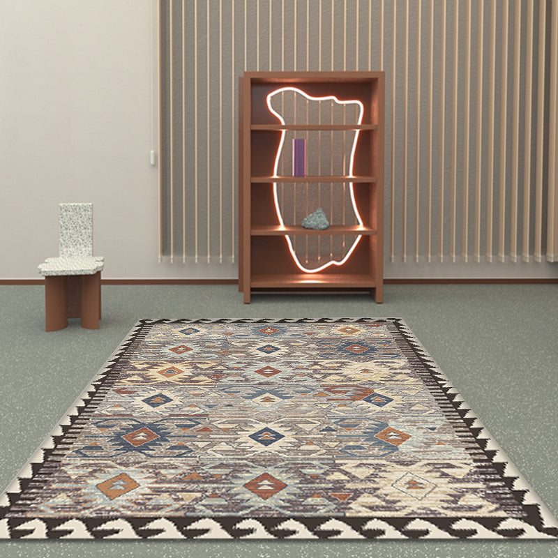 Gray Tribal-Diamond Pattern Rug Polypropylene Bohemian Rug Washable Non-Slip Back Rug for Living Room