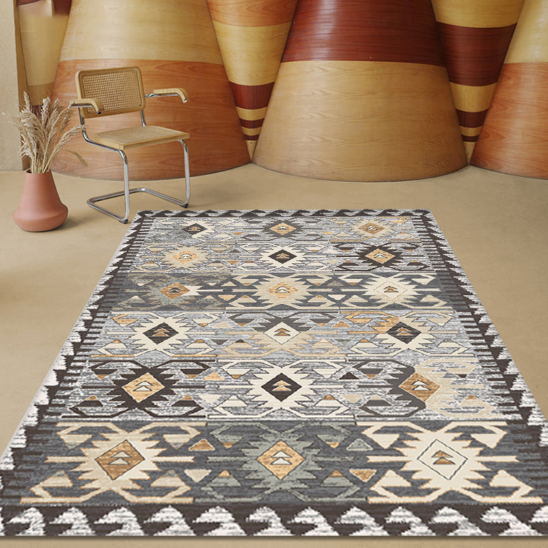 Gray Tribal-Diamond Pattern Rug Polypropylene Bohemian Rug Washable Non-Slip Back Rug for Living Room