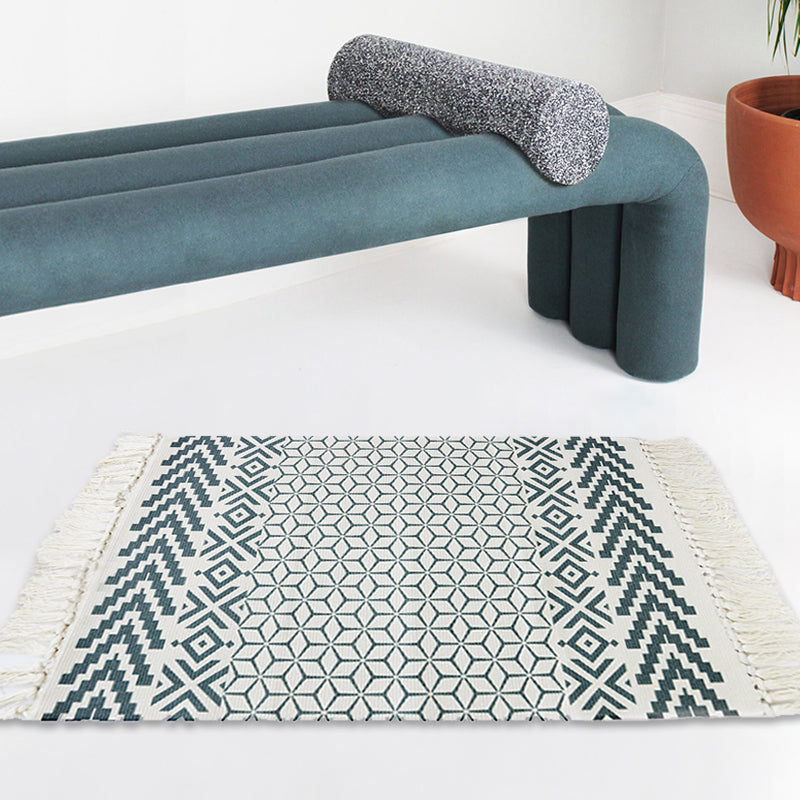 White and blue bedroom rug southwest tribal pattern rug cotton non-slip back washable area rug