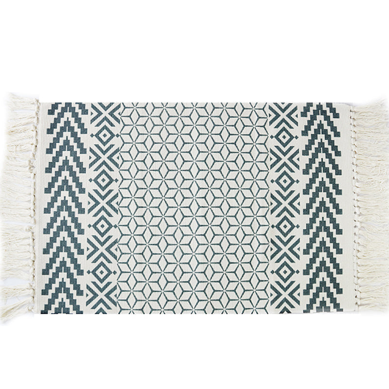 White and blue bedroom rug southwest tribal pattern rug cotton non-slip back washable area rug