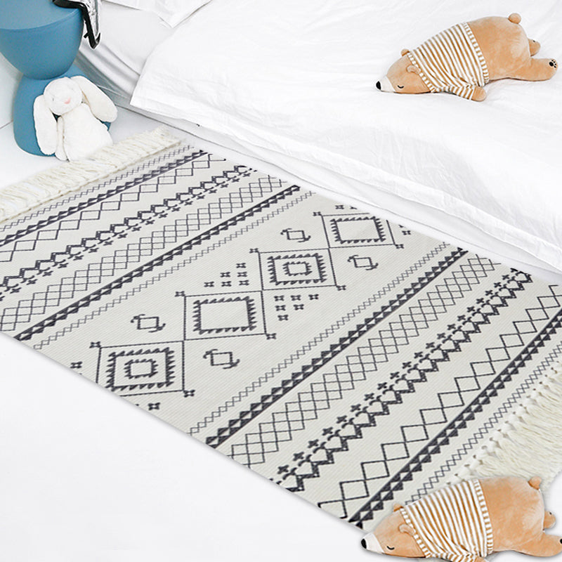 White and blue bedroom rug southwest tribal pattern rug cotton non-slip back washable area rug