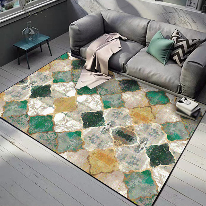 Green Parlor Rug Moroccan Albany Geometric Ogee Pattern Rug Polyester Machine Washable Non-Slip Rug