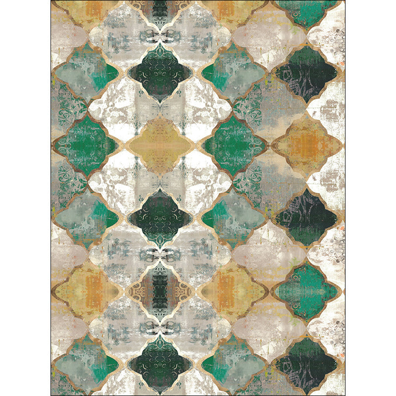 Green Parlor Rug Moroccan Albany Geometric Ogee Pattern Rug Polyester Machine Washable Non-Slip Rug
