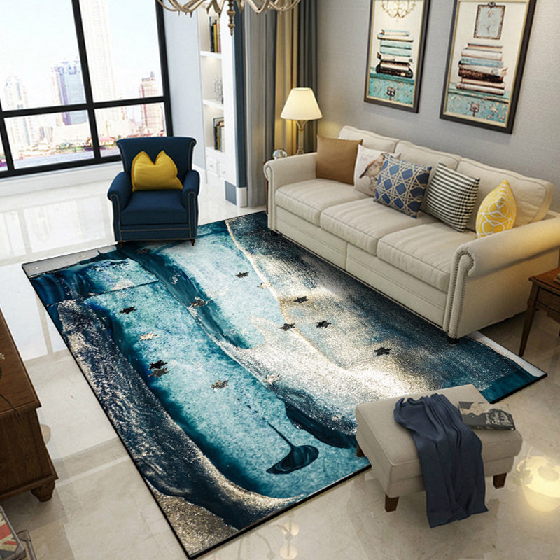 Minimalist Abstract Star Pattern Carpet Blue Polyester Rug Non-Slip Pet-Friendly Washable Indoor Carpet for Decoration