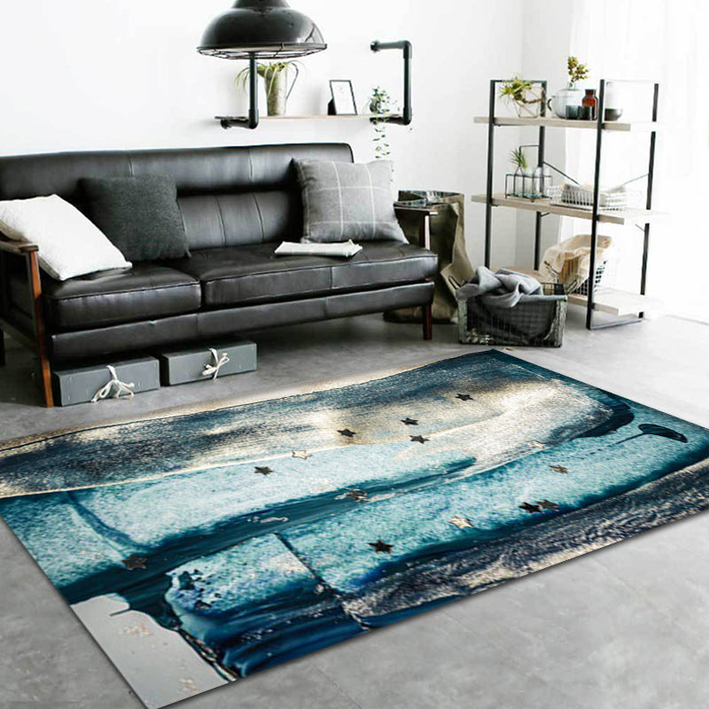 Minimalist Abstract Star Pattern Carpet Blue Polyester Rug Non-Slip Pet-Friendly Washable Indoor Carpet for Decoration