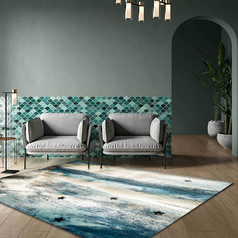Minimalist Abstract Star Pattern Carpet Blue Polyester Rug Non-Slip Pet-Friendly Washable Indoor Carpet for Decoration