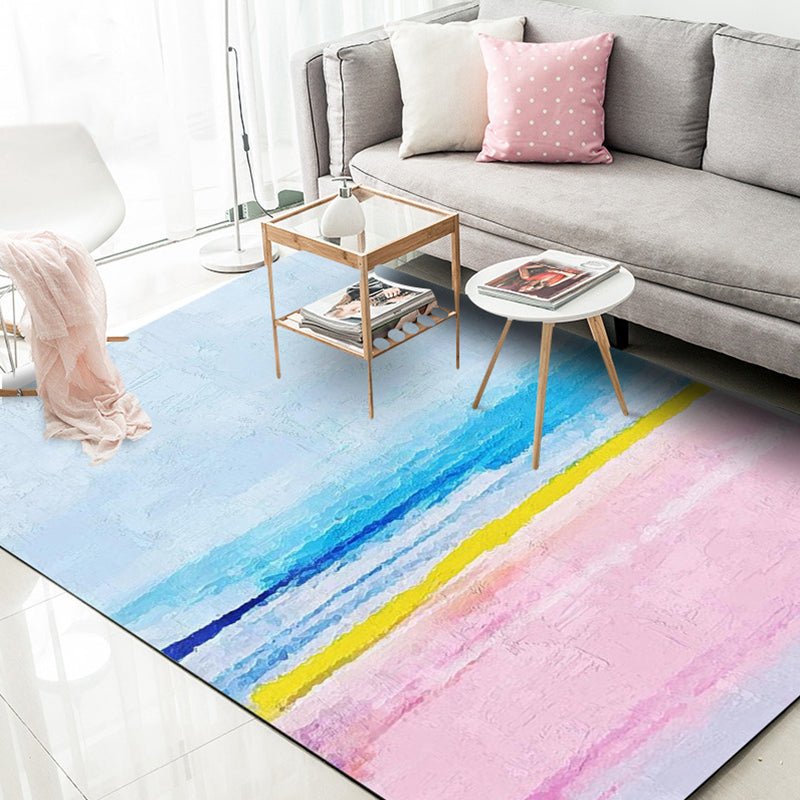 Modernist Salon Rug Blue and Pink Abstract Rug Polyester Washable Non-slip Pet Friendly Area Rug