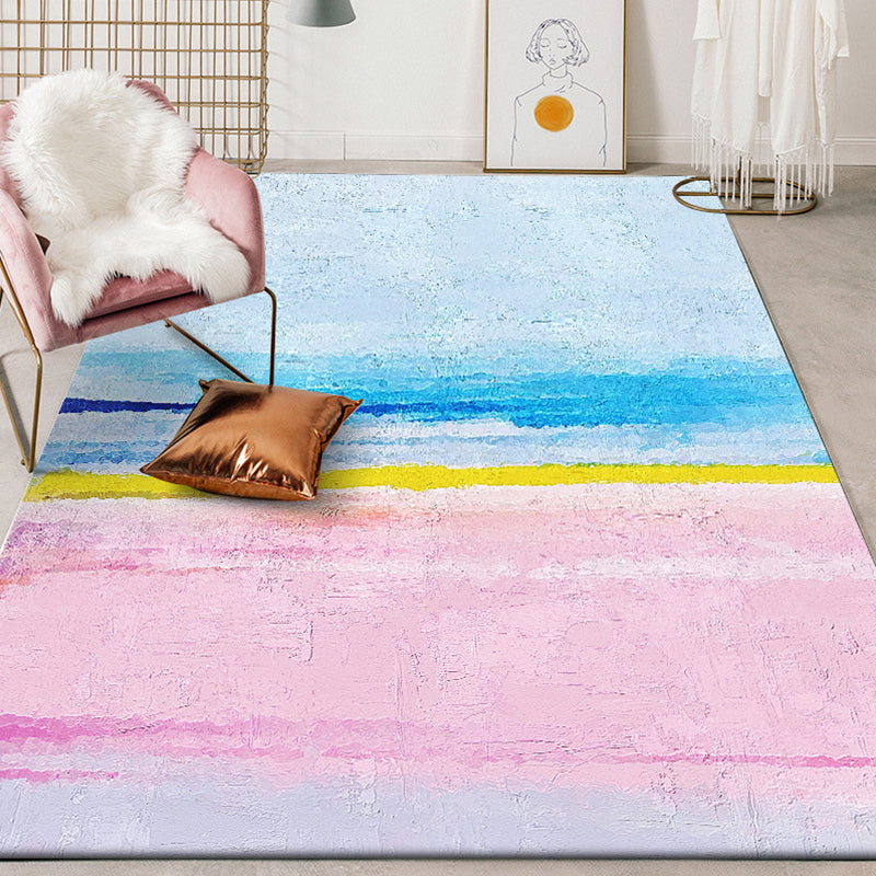 Modernist Salon Rug Blue and Pink Abstract Rug Polyester Washable Non-slip Pet Friendly Area Rug