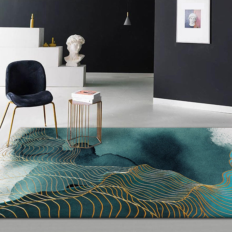 Creative Green Industrial Carpet Polyester Abstract Swirl Striped Pattern Carpet Washable Non-Slip Backing Pet-Friendly Carpet for Decoration