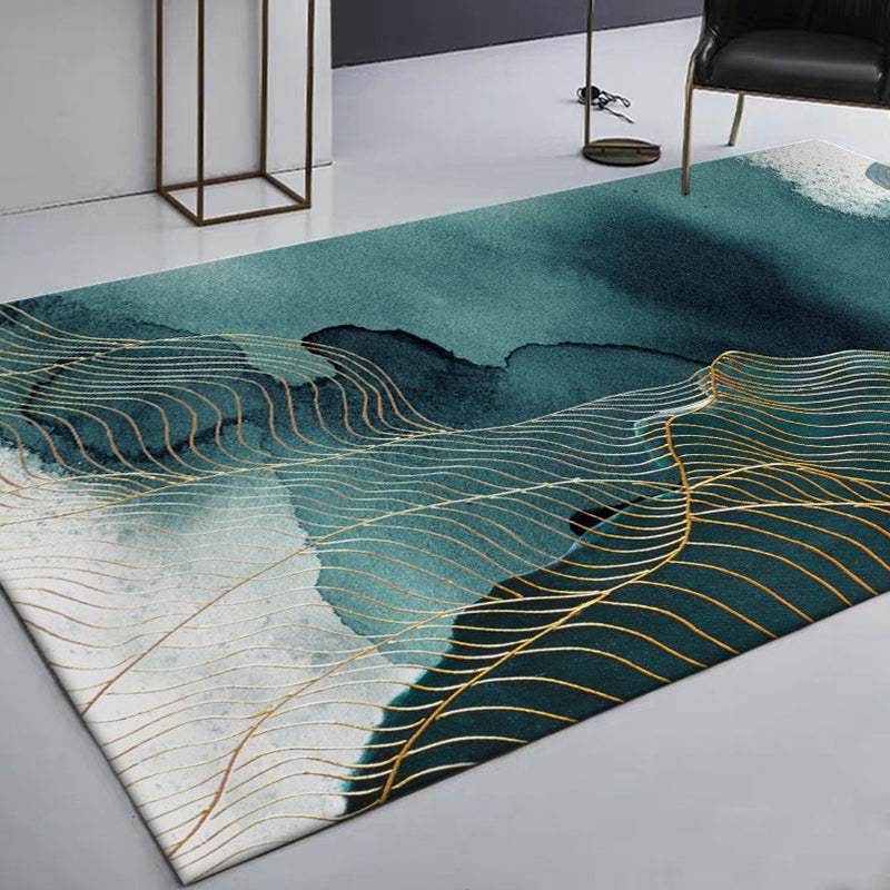 Creative Green Industrial Carpet Polyester Abstract Swirl Striped Pattern Carpet Washable Non-Slip Backing Pet-Friendly Carpet for Decoration