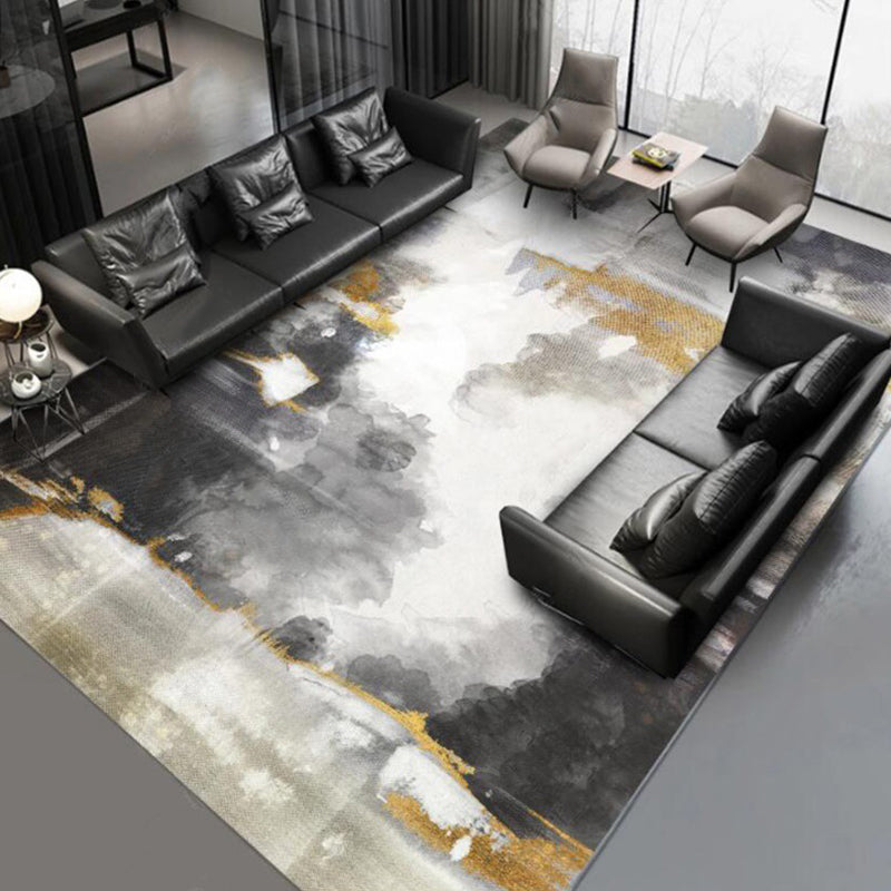 Funky Abstract Watercolor Pattern Rug Black Simplicity Rug Polyester Washable Non-Slip Pet-Friendly Area Rug for Living Room