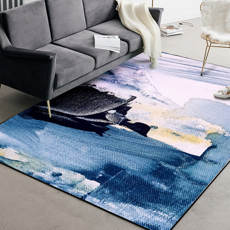 Blue Living Room Rug Modernism Brush Stroke Pattern Rug Polyester Machine Washable Non-Slip Back Rug