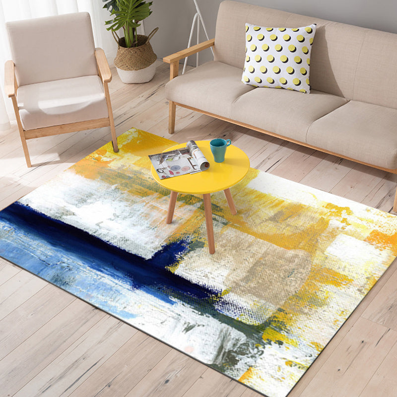 Yellow Living Room Carpet Industrial Brushstroke Painting Pattern Carpet Polyester Machine Washable Non-Slip Back Carpet