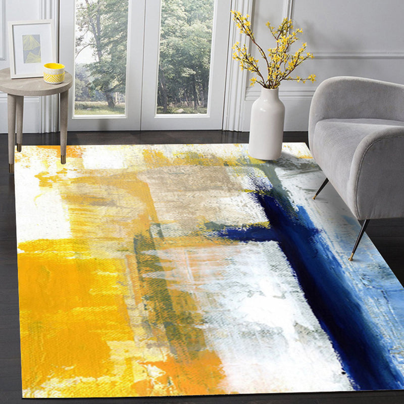 Yellow Living Room Carpet Industrial Brushstroke Painting Pattern Carpet Polyester Machine Washable Non-Slip Back Carpet