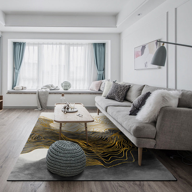 Modern Whirl Stripe Pattern Rug Black Polyester Area Rug Non-Slip Pet-Friendly Washable Rug for Living Room