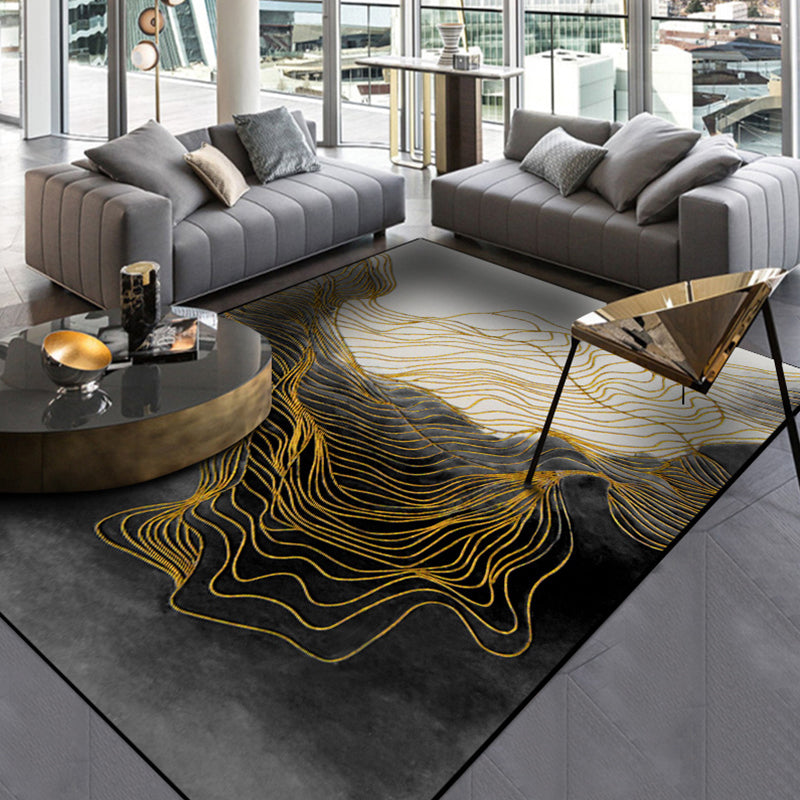 Modern Whirl Stripe Pattern Rug Black Polyester Area Rug Non-Slip Pet-Friendly Washable Rug for Living Room