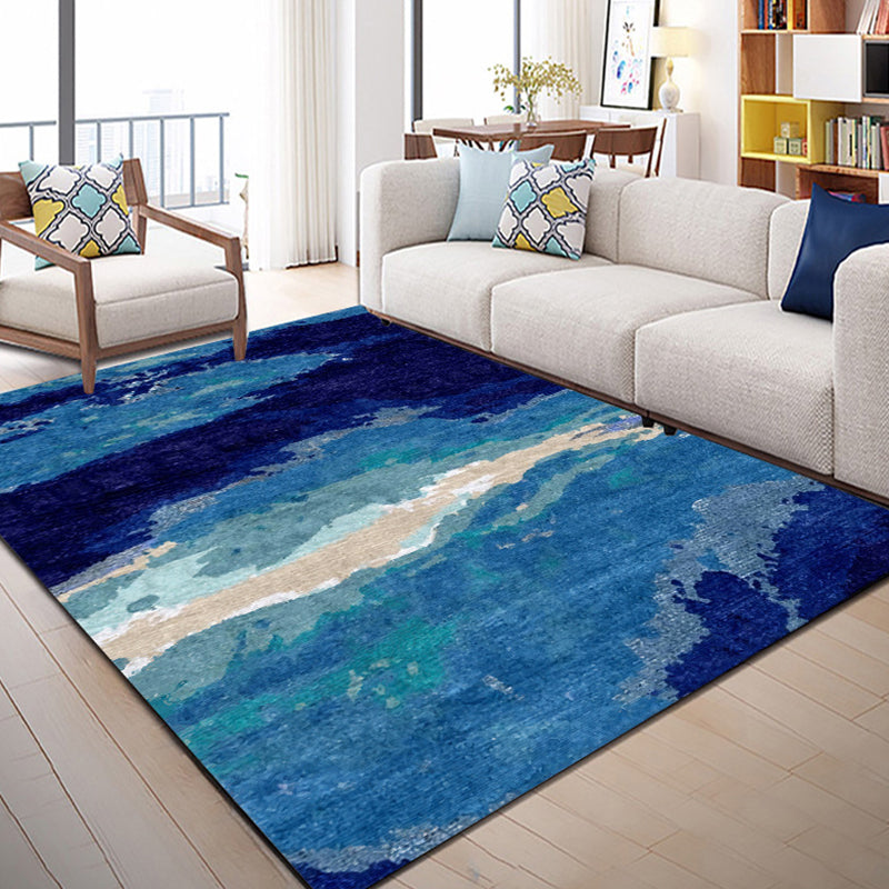 Contemporary Area Rug Blue Abstract Carpet Polyester Washable Non-Slip Pet Friendly Area Rug