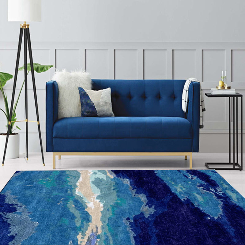 Contemporary Area Rug Blue Abstract Carpet Polyester Washable Non-Slip Pet Friendly Area Rug