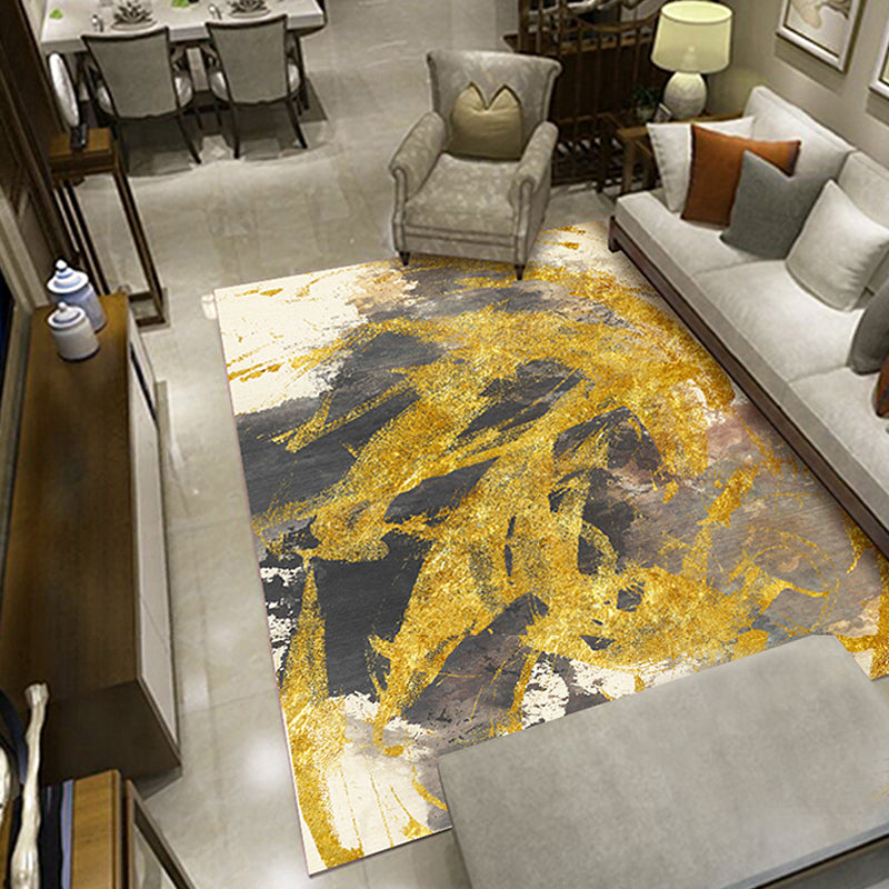 Modernism Abstract Carpet Gold Polyester Rug Non-Slip Pet-Friendly Washable Rug for Sitting Area