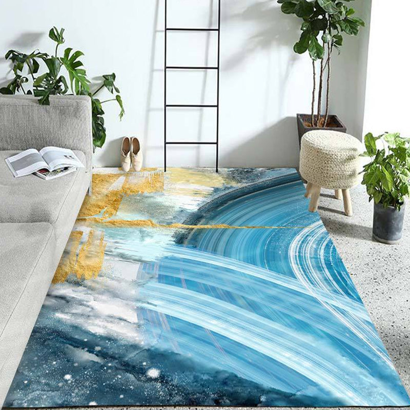 Modern Living Room Rug Blue Watercolor Pattern Rug Polyester Machine Washable Non-Slip Pet-Friendly Rug