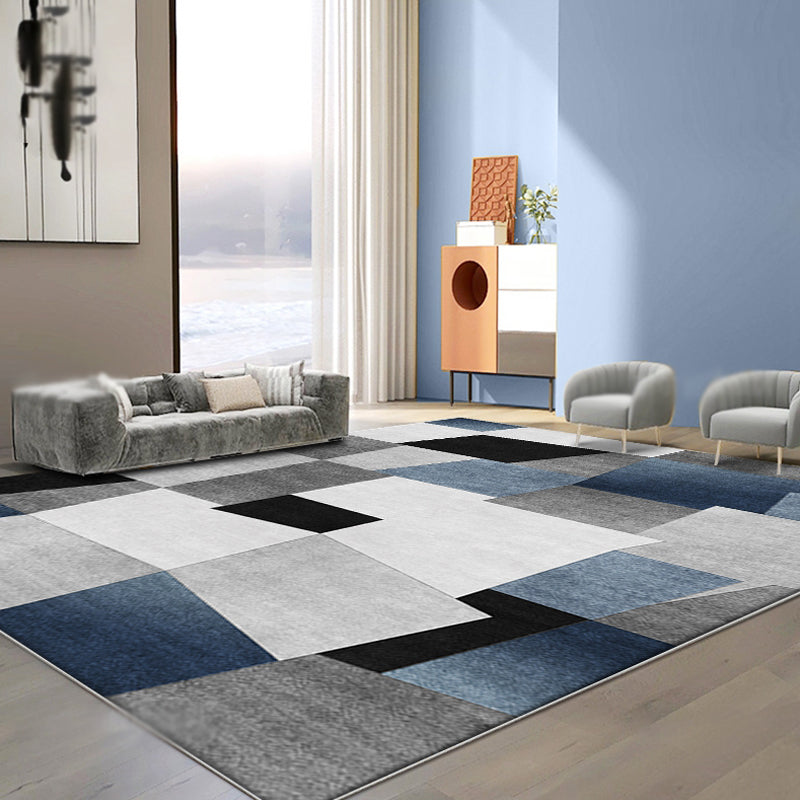Gray and Blue New Arrival Rug Polyester Checkered Pattern Rug Pet Friendly Washable Non-Slip Rug for the Living Room