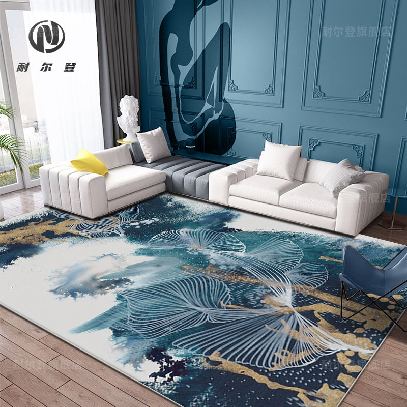 Blue Modernism Rug Polyester Swirl Stripes and Watercolor Pattern Rug Pet-Friendly Washable Non-Slip Rug for Bedroom