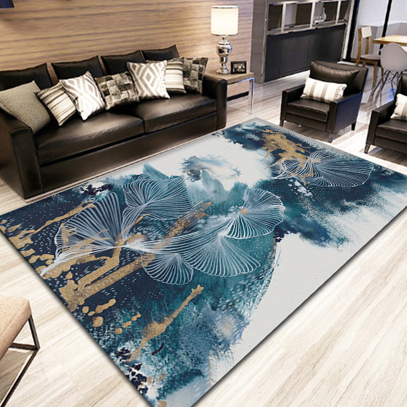 Blue Modernism Rug Polyester Swirl Stripes and Watercolor Pattern Rug Pet-Friendly Washable Non-Slip Rug for Bedroom