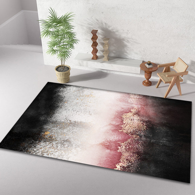 Modern Living Room Rug Black and Pink Abstract Rug Polyester Machine Washable Non-Slip Backing Pet-Friendly Rug