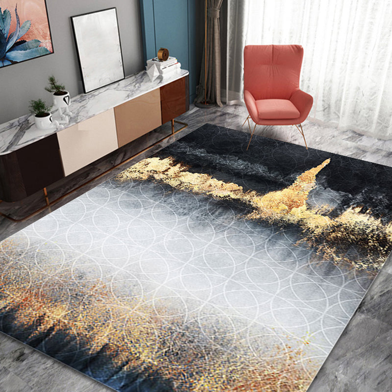 Funky Abstract Rug Black and Gold Industrial Carpet Polyester Non-Slip Washable Pet-Friendly Area Rug for Living Room