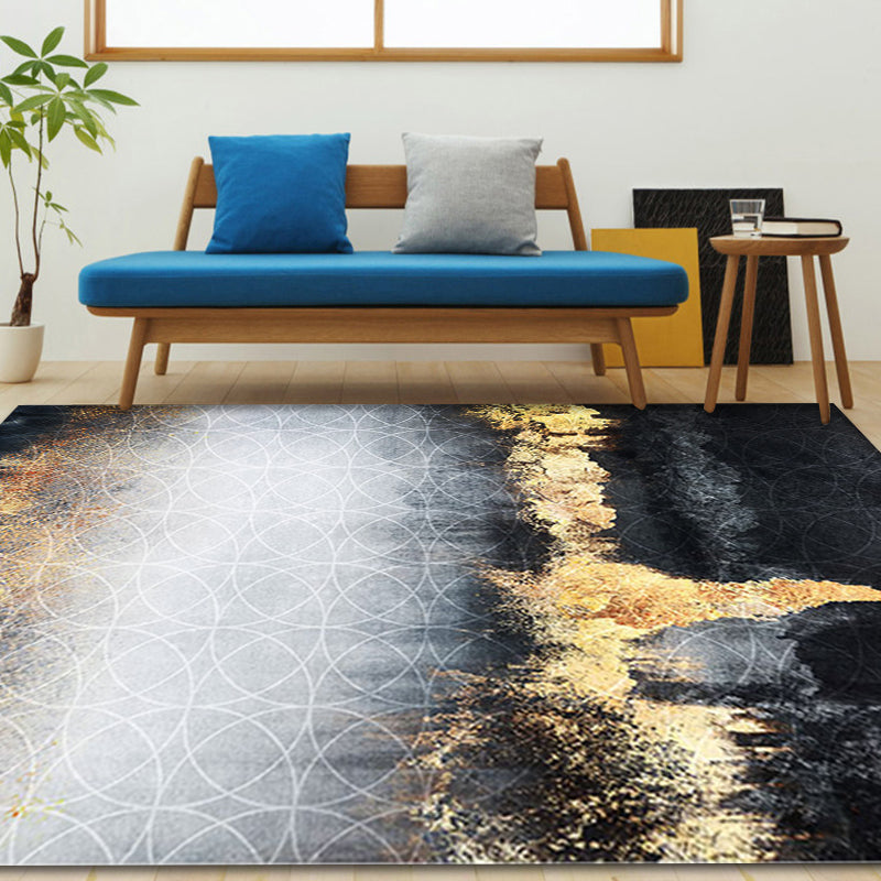 Funky Abstract Rug Black and Gold Industrial Carpet Polyester Non-Slip Washable Pet-Friendly Area Rug for Living Room