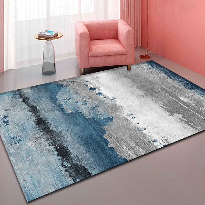 Industrial Style Abstract Carpet Blue and Grey Polyester Rug Anti-Slip Backing Area Rug for Seating Area