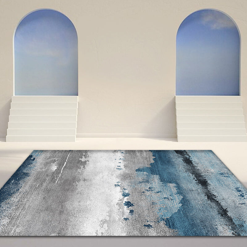 Industrial Style Abstract Carpet Blue and Grey Polyester Rug Anti-Slip Backing Area Rug for Seating Area