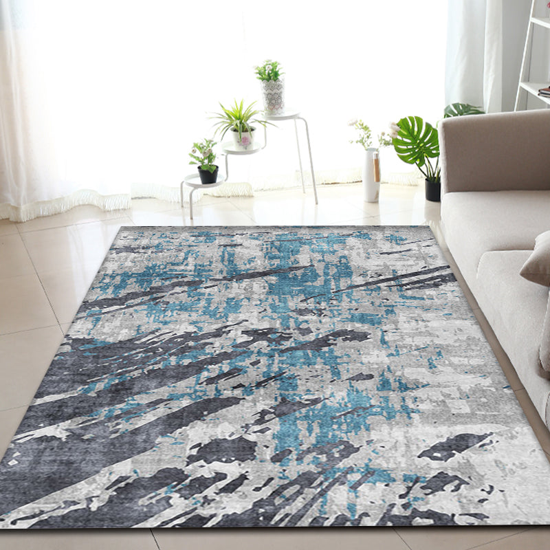 Modern Parlour Rug Blue Abstract Rug Polyester Machine Washable Non-Slip Back Pet Friendly Indoor Rug