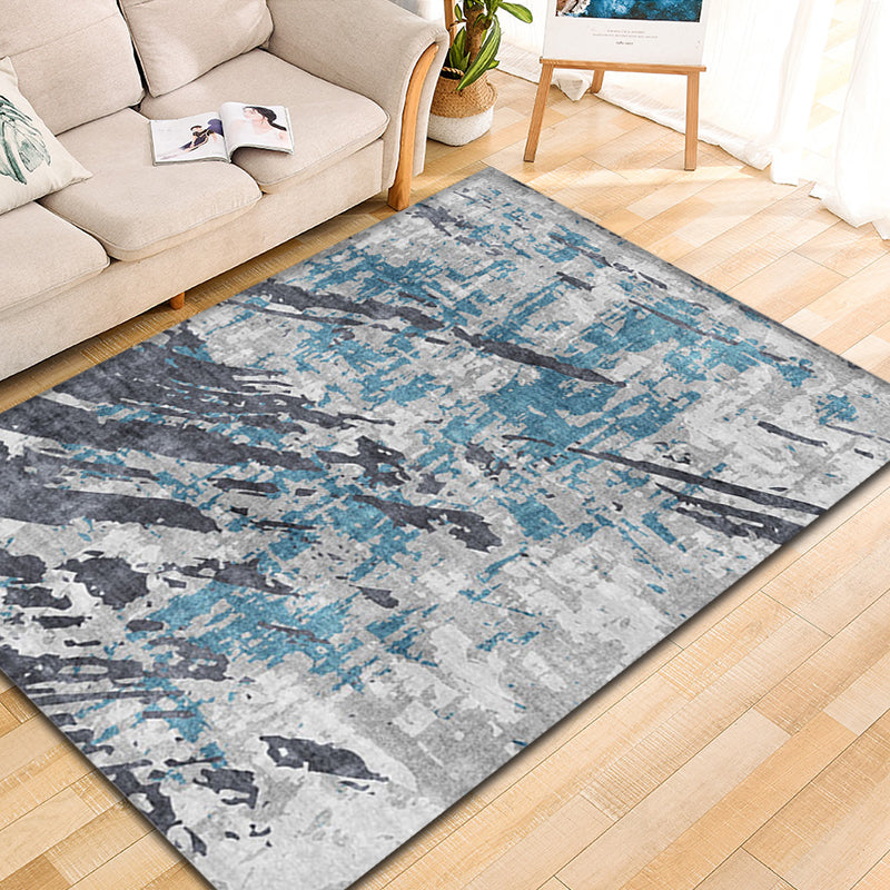 Modern Parlour Rug Blue Abstract Rug Polyester Machine Washable Non-Slip Back Pet Friendly Indoor Rug