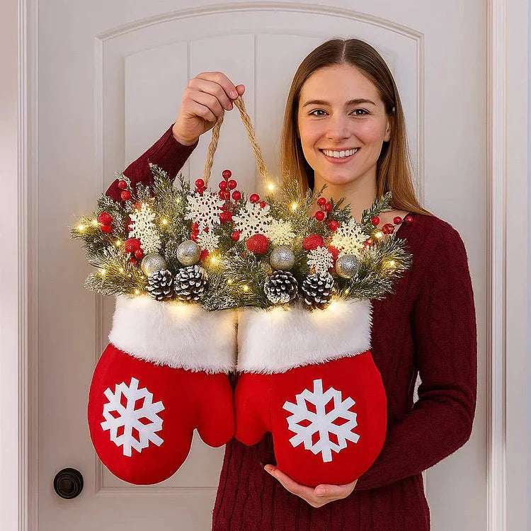 Pre-lit Christmas wreath in mitten shape – 120 LEDs with timer function