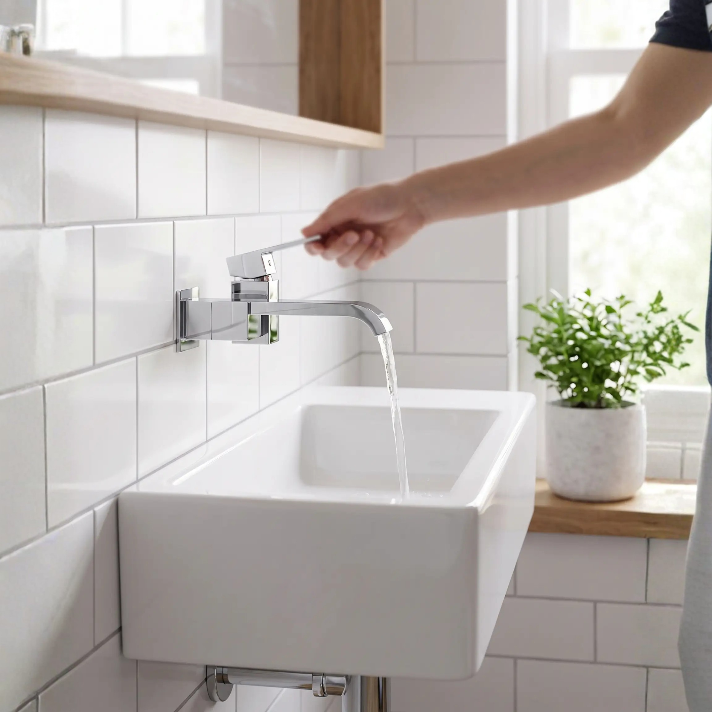 Contemporary Wall Mounted Bathroom Faucet Lever Handles Low Arc Swivel Brass Faucet