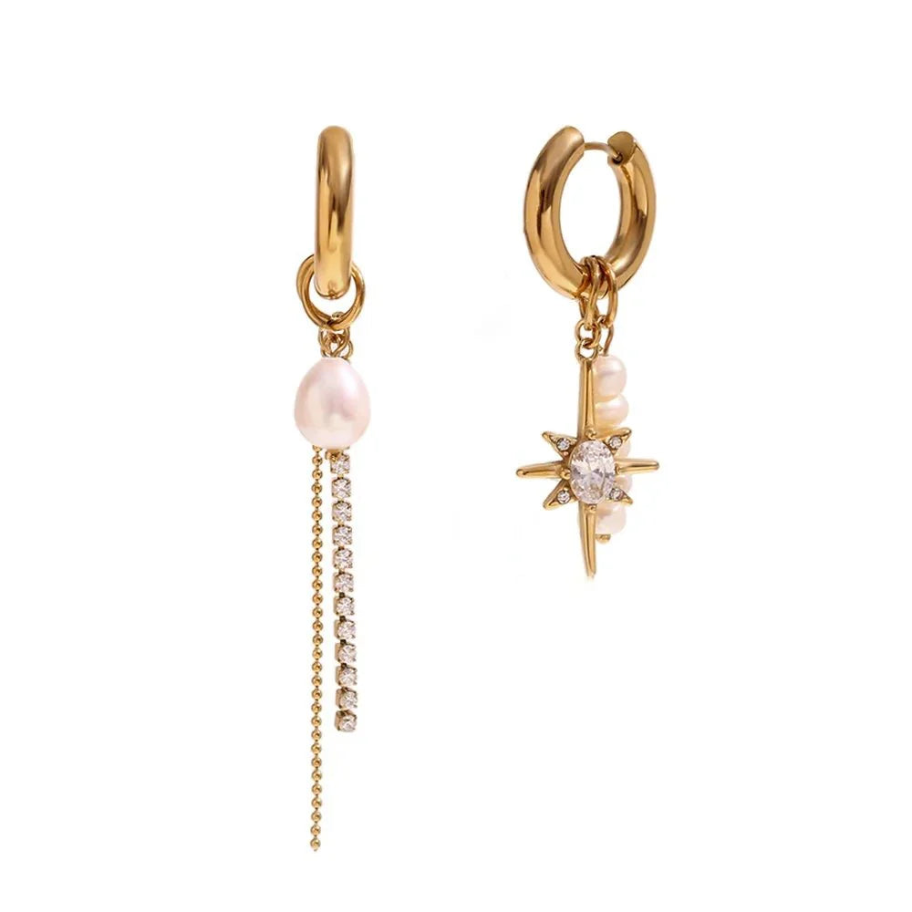 18k Asymmetrical Pearl Diamond Hoop Earrings