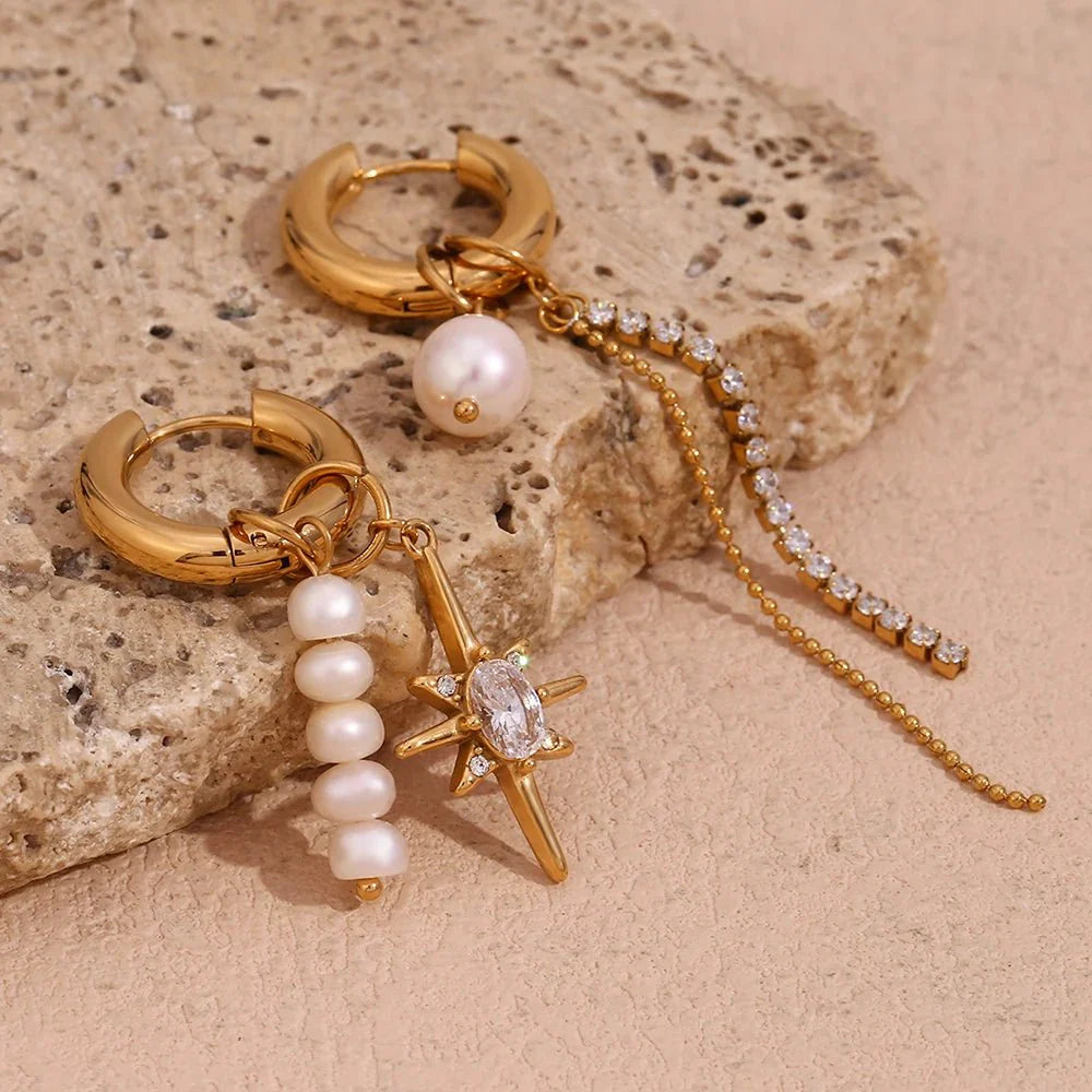 18k Asymmetrical Pearl Diamond Hoop Earrings