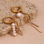 18k Asymmetrical Pearl Diamond Hoop Earrings