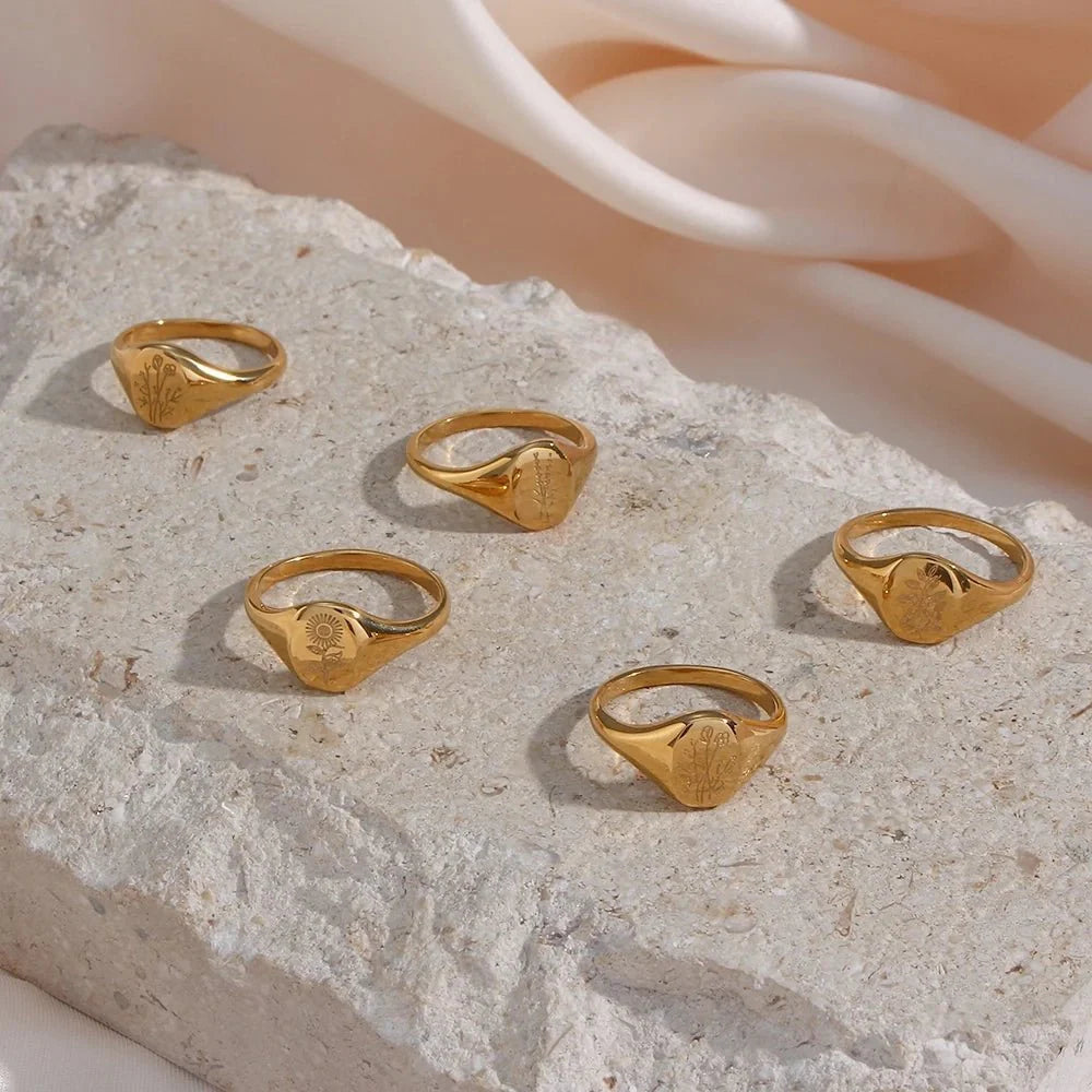 18k Dainty Floral Signet Rings