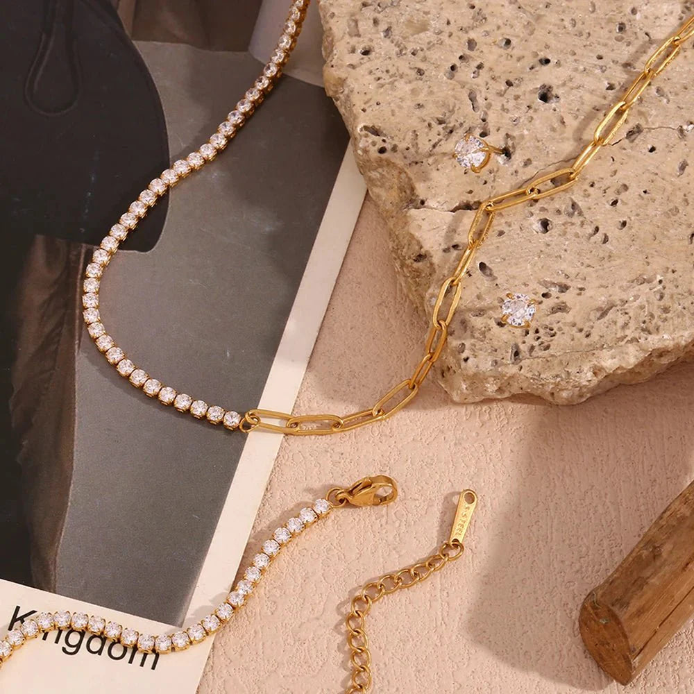 18k Paperclip Chain Tennis Necklace, Bracelet, and Earrings