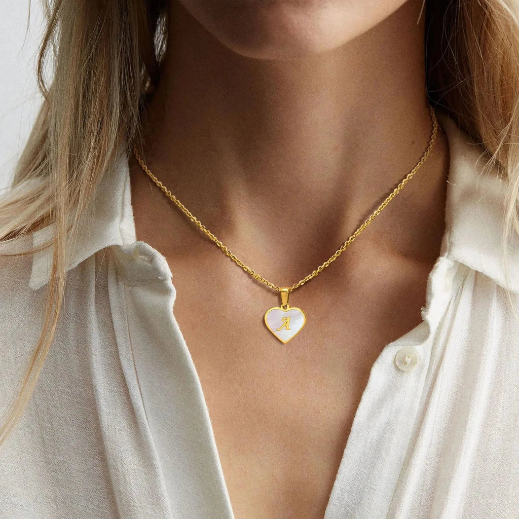18k Pearl Heart Initial Letter Necklace