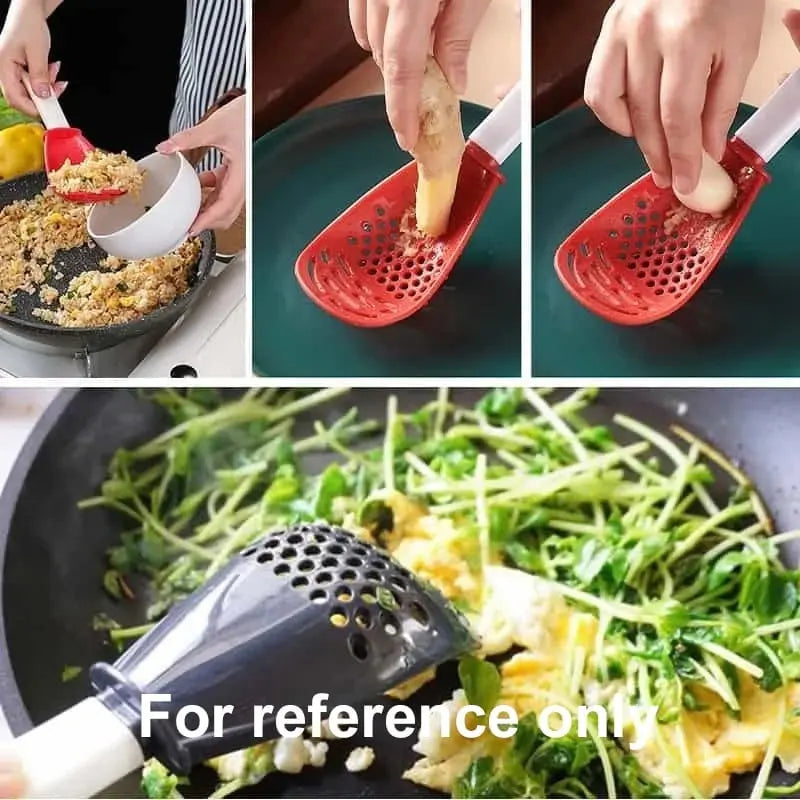 Multifunctional kitchen spoon for mashing and straining