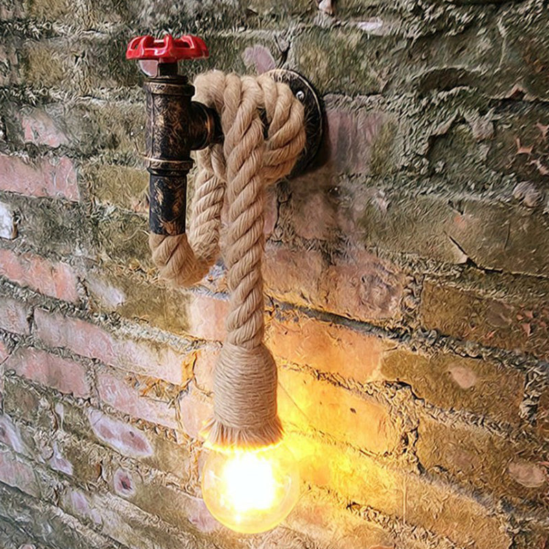 Industrial Faucet Wall Lamp 1-Light Hemp Rope Wall Mounted Lamp in Brown for Wine Bar