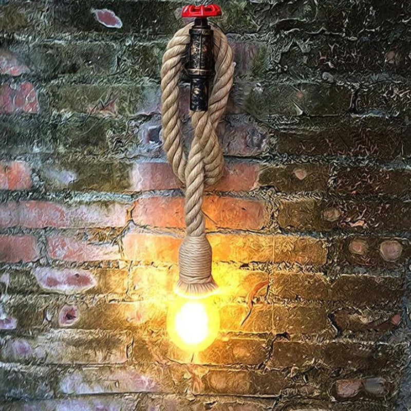 Industrial Faucet Wall Lamp 1-Light Hemp Rope Wall Mounted Lamp in Brown for Wine Bar