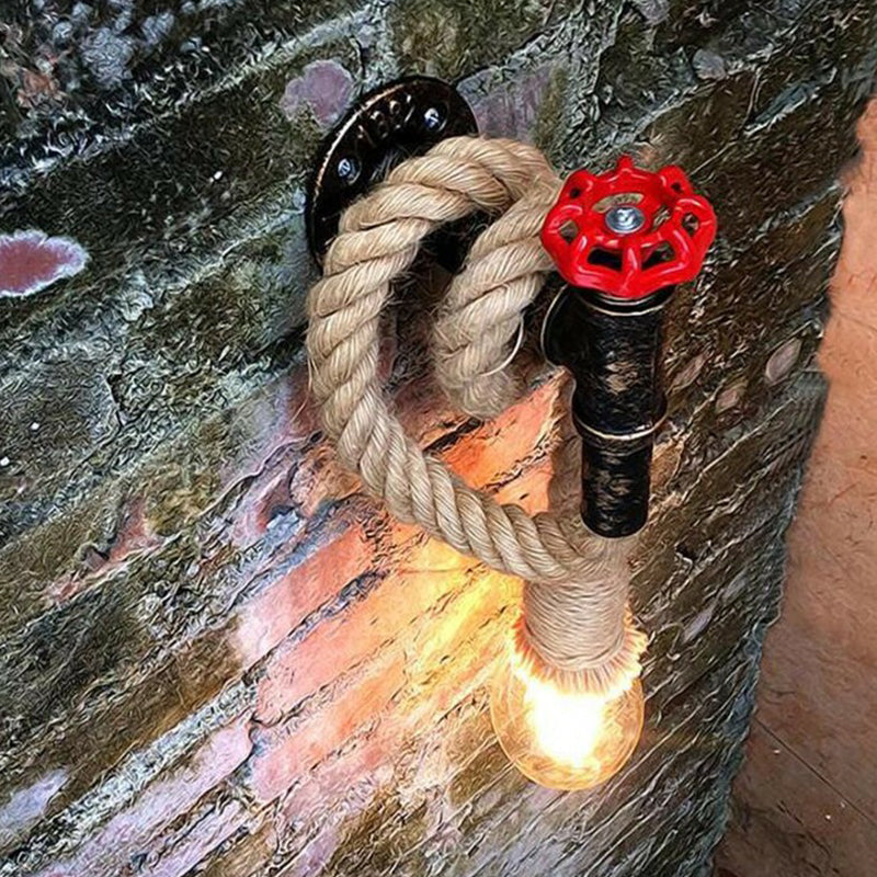 Industrial Faucet Wall Lamp 1-Light Hemp Rope Wall Mounted Lamp in Brown for Wine Bar