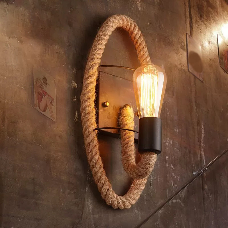 Single rope wrapped wall light farmhouse brown oval/round dining room wall mounted light with open lamp design